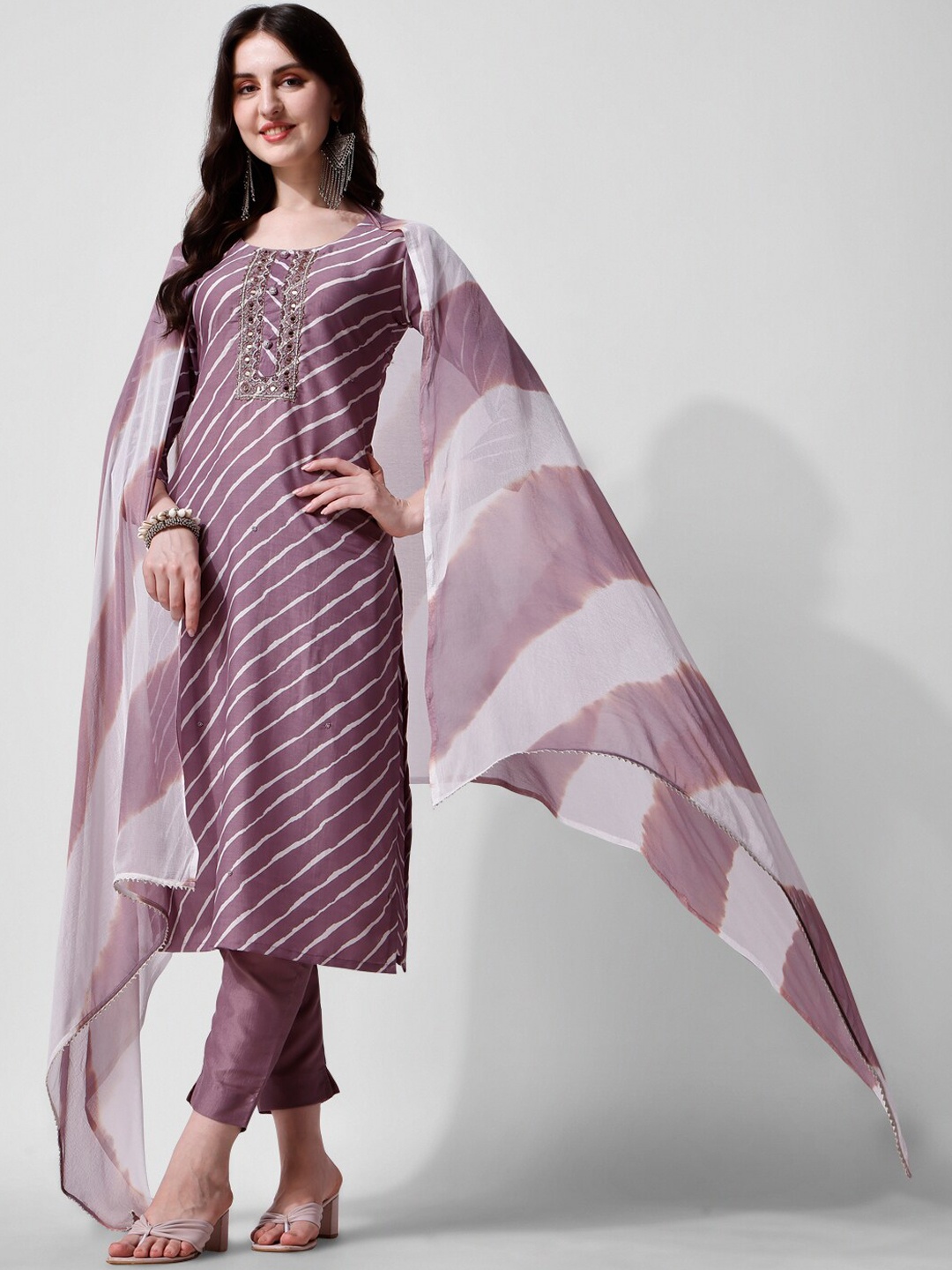 

KALINI Leheriya Printed Mirror Work Pure Silk Kurta With Trousers & Dupatta, Lavender