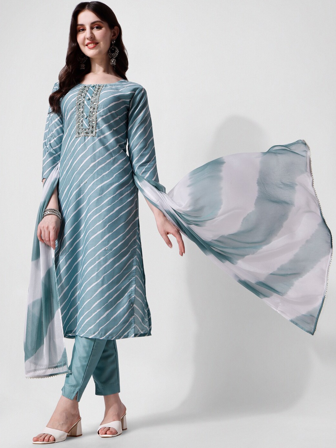 

KALINI Leheriya Printed Thread Work Pure Silk Kurta With Trousers & Dupatta, Blue