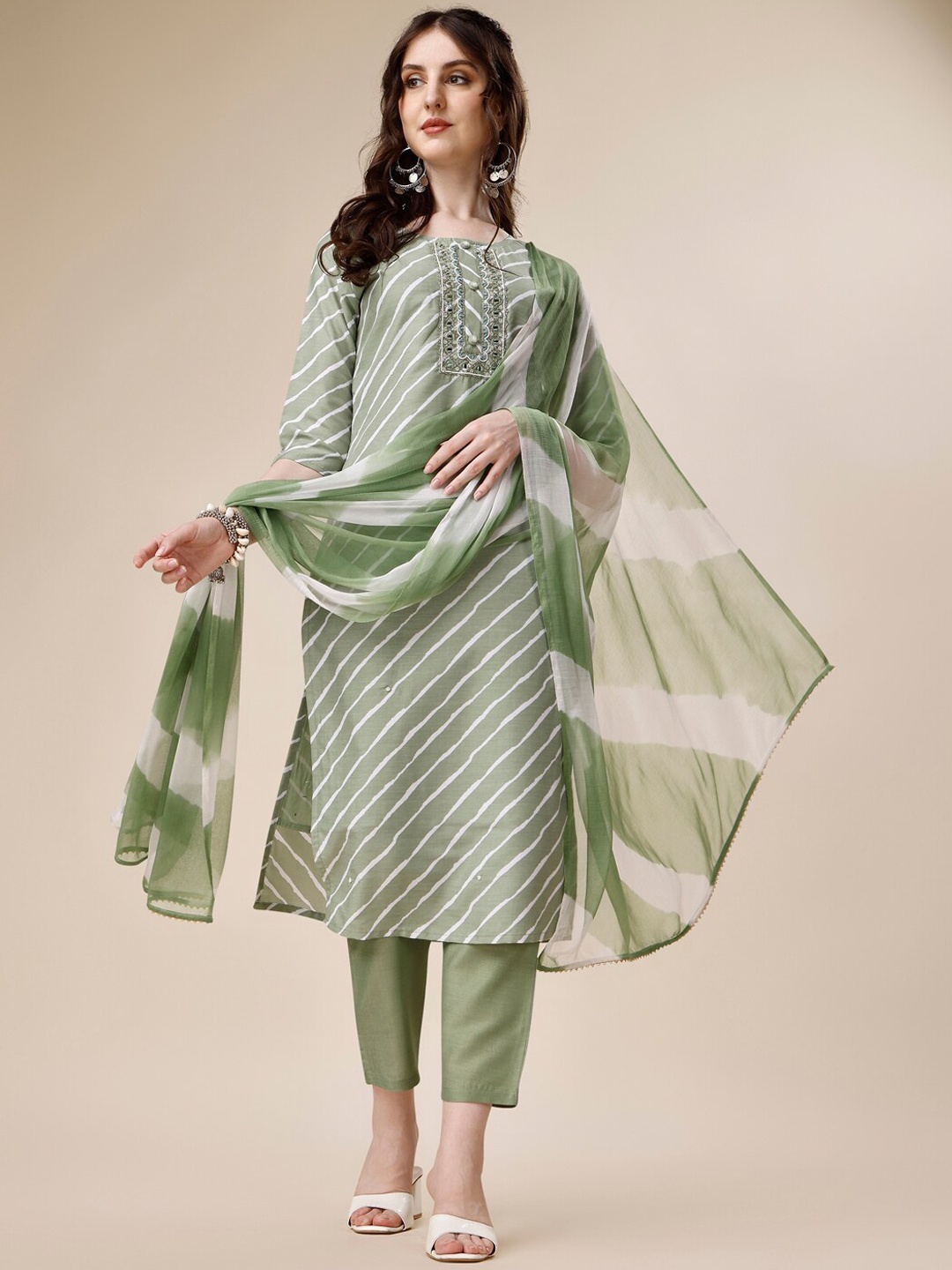 

KALINI Leheriya Printed Regular Mirror Work Pure Silk Kurta With Trousers & Dupatta, Lime green