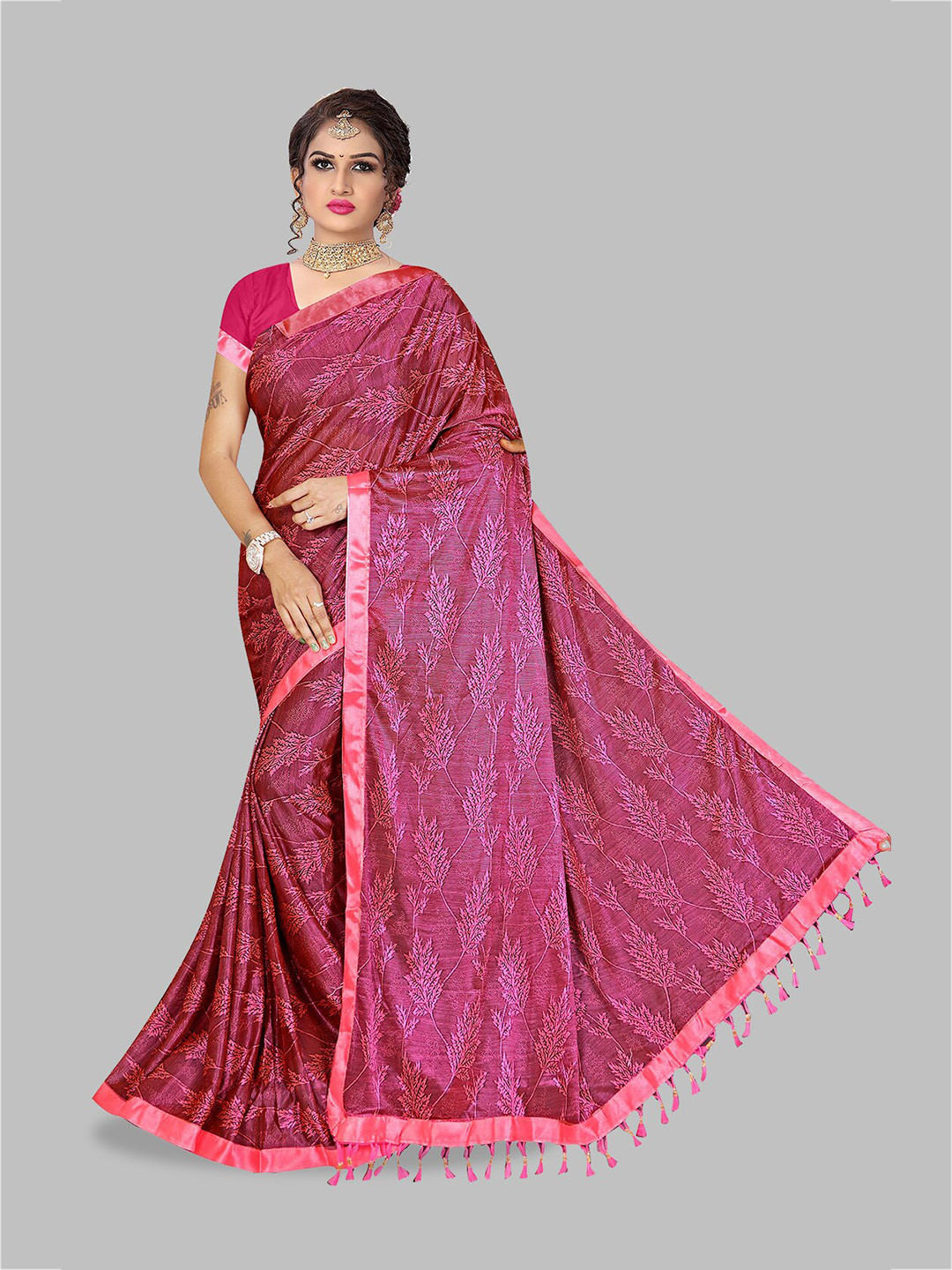 

N N ENTERPRISE Floral Embroidered Leheriya Saree, Pink