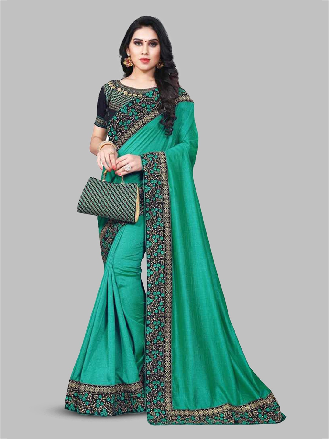 

N N ENTERPRISE Floral Embroidered Pure Georgette Leheriya Saree, Sea green