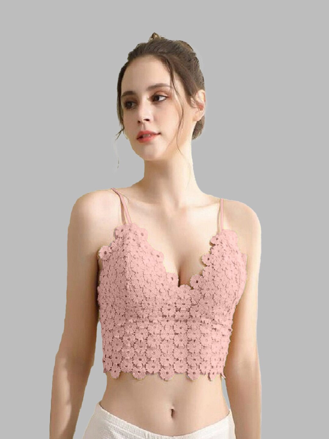 

FIMBUL Self Design Shoulder Straps Cropped Cotton Bralette Top, Pink