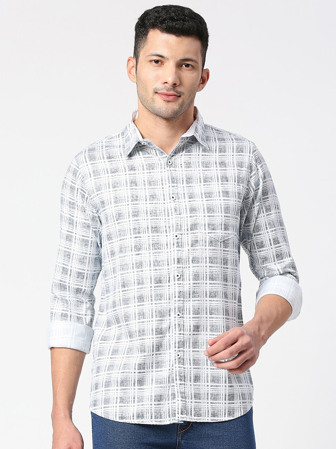 

SNX Tailored Fit Checked Pure Cotton Casual Shirt, White