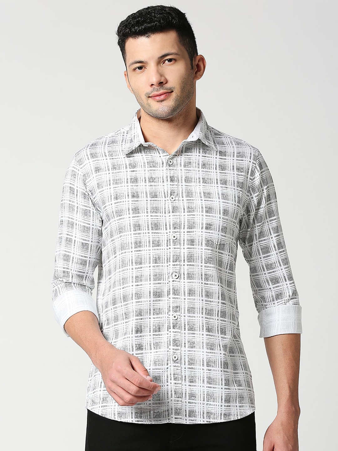 

SNX Tailored Fit Checked Pure Cotton Casual Shirt, White