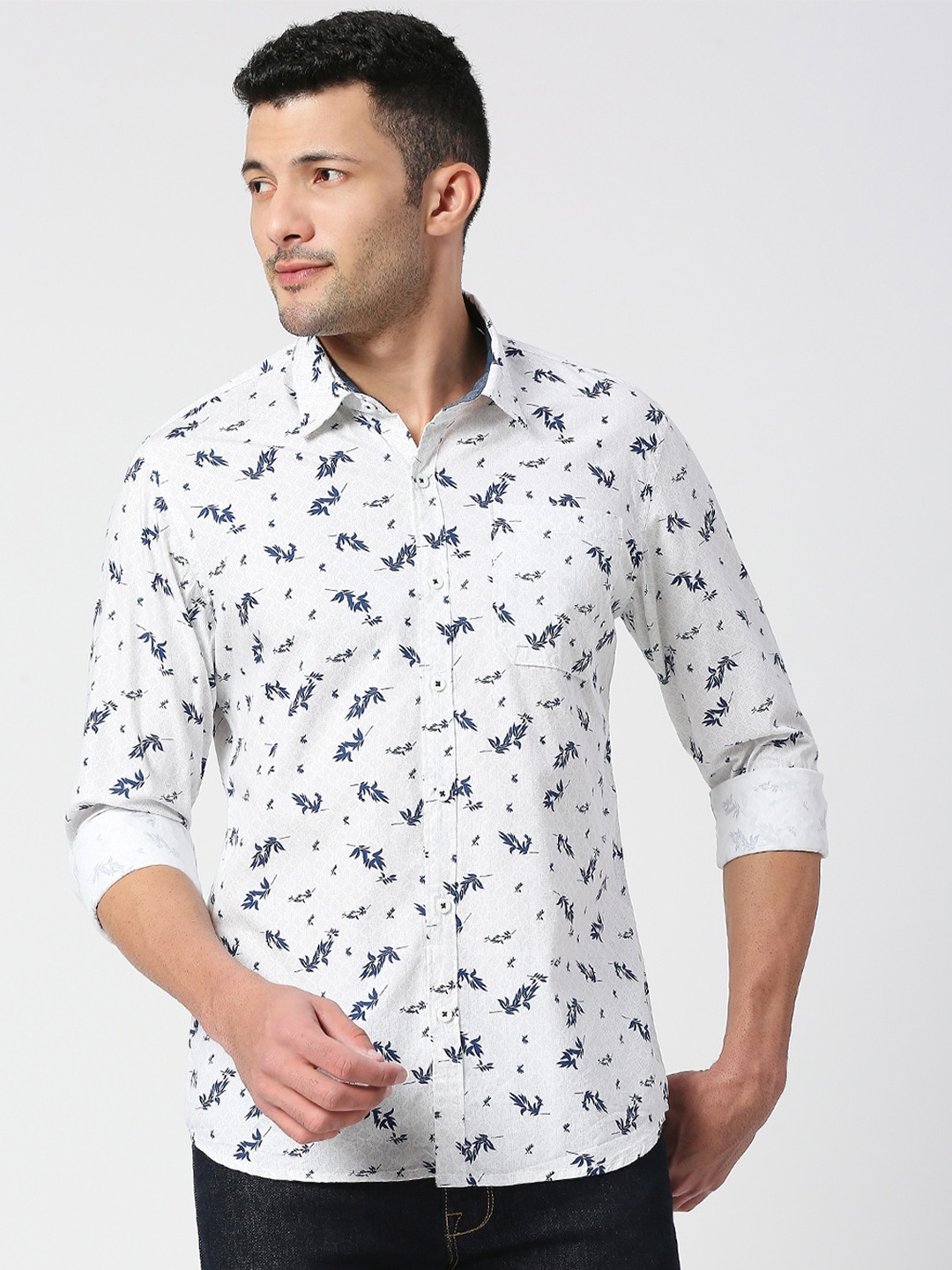 

SNX Tailored Fit Floral Printed Pure Cotton Casual Shirt, White