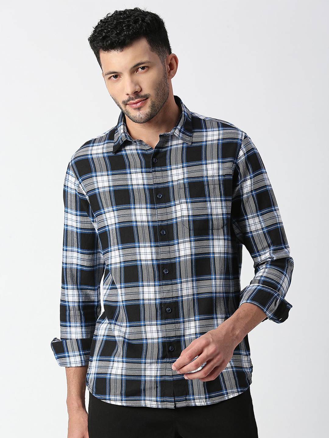 

SNX Tailored Fit Tartan Checked Pure Cotton Casual Shirt, Black