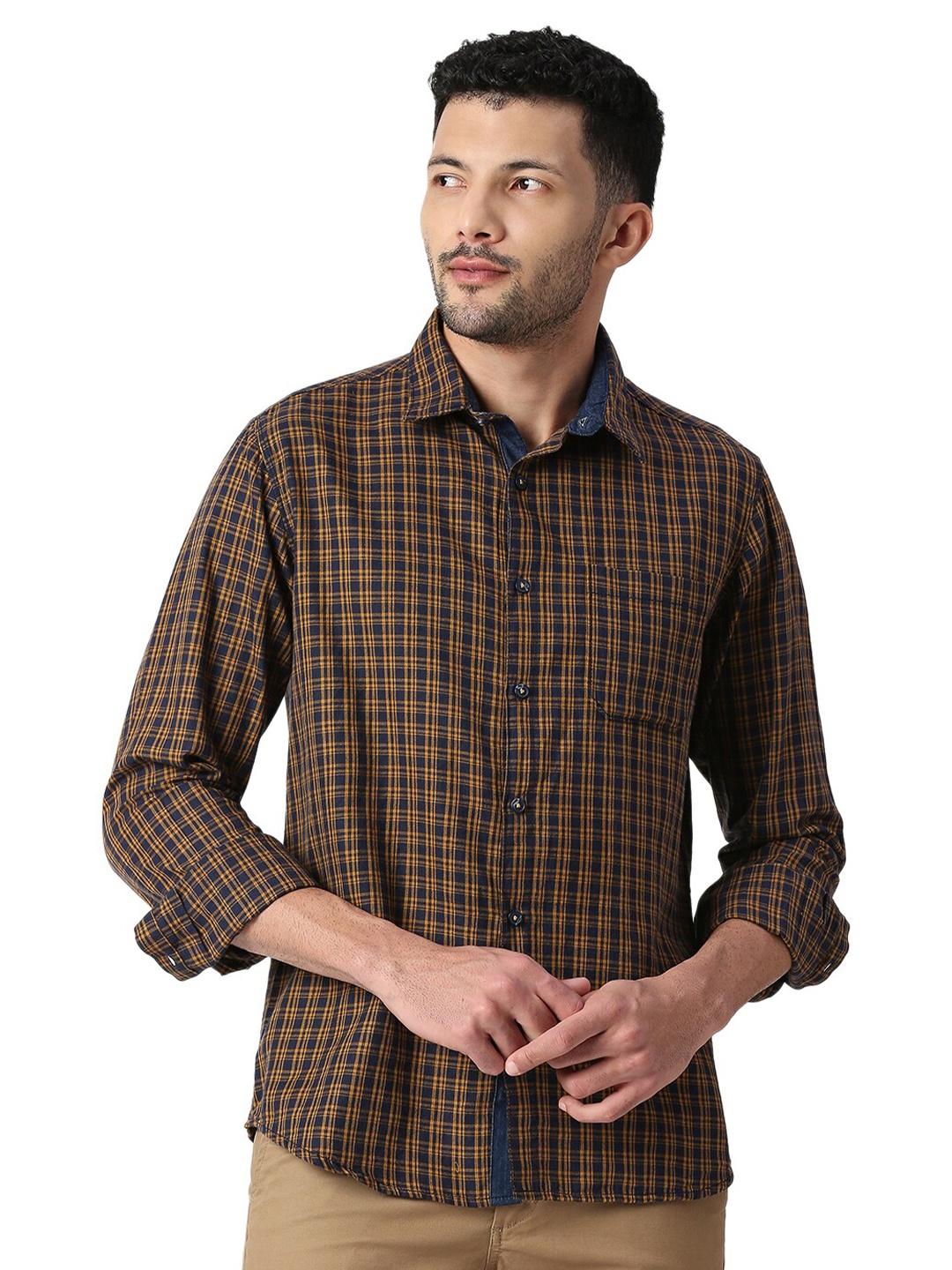 

SNX Tailored Fit Checked Pure Cotton Casual Shirt, Navy blue