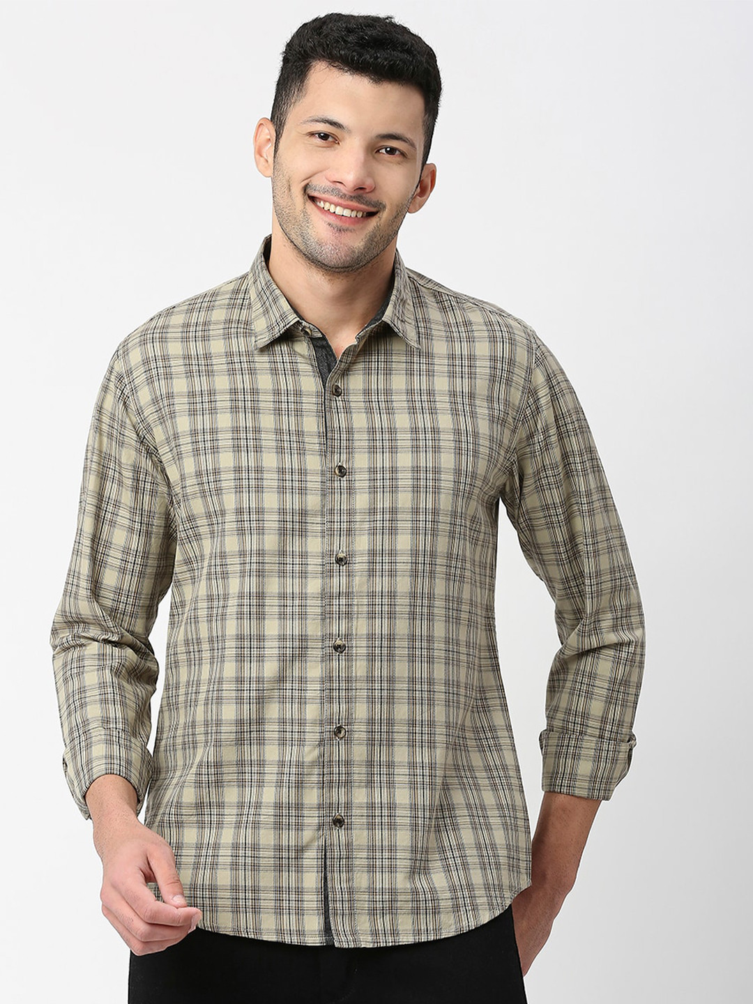 

SNX Tailored Fit Tartan Checked Pure Cotton Casual Shirt, Khaki