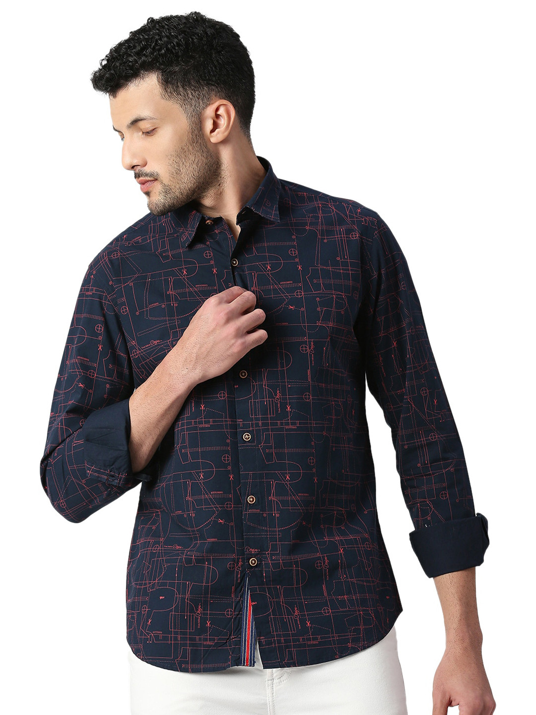 

SNX Tailored Fit Printed Pure Cotton Casual Shirt, Navy blue