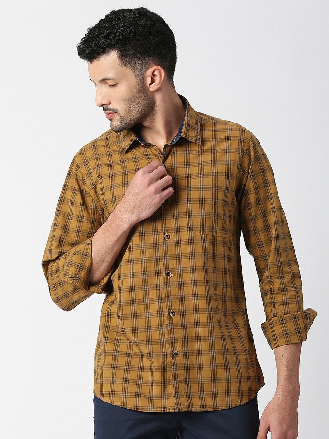 

SNX Tartan Checked Tailored Fit Opaque Cotton Casual Shirt, Mustard