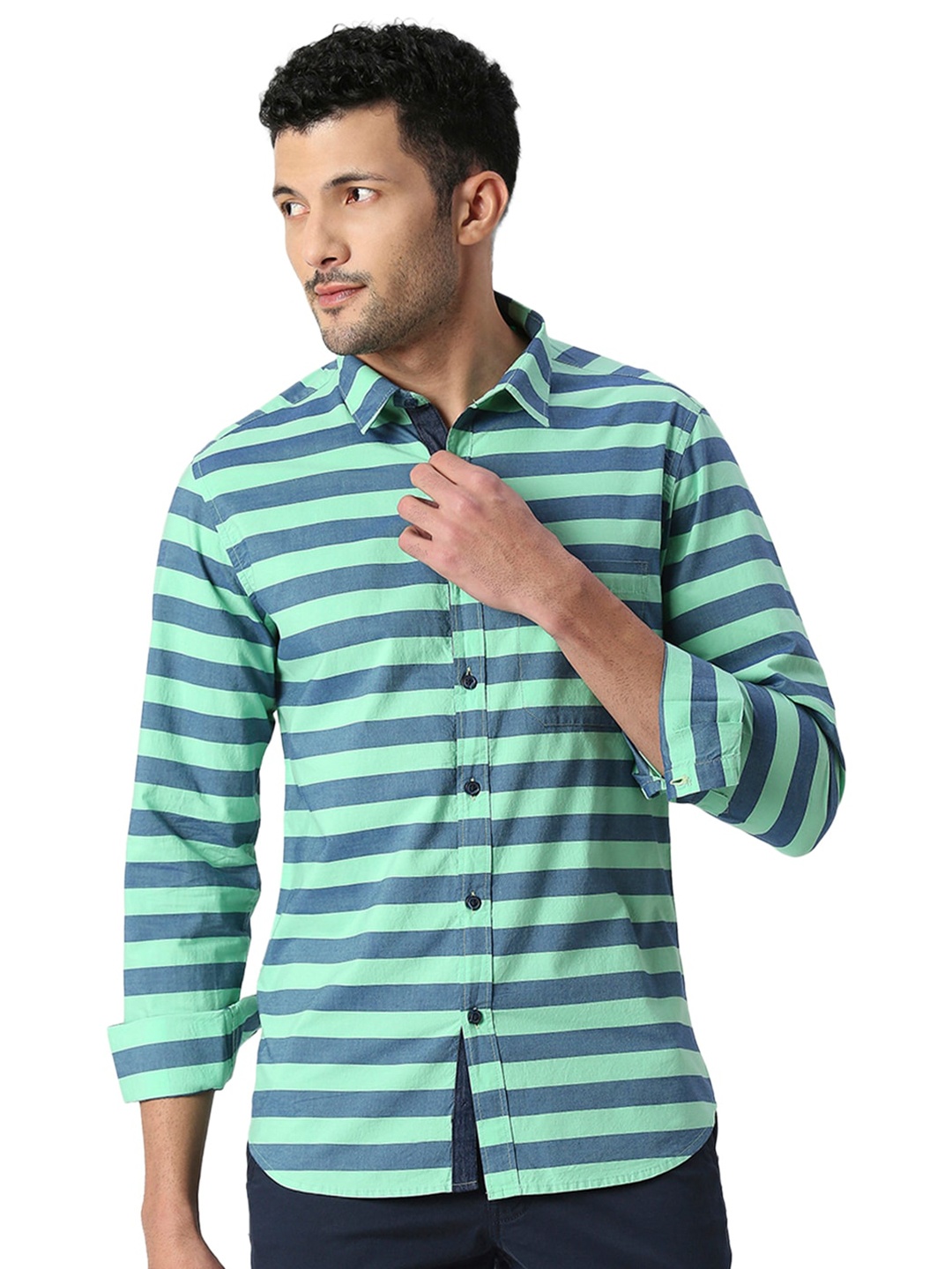 SNX Horizontal Striped Pure Cotton Shirt, Navy blue