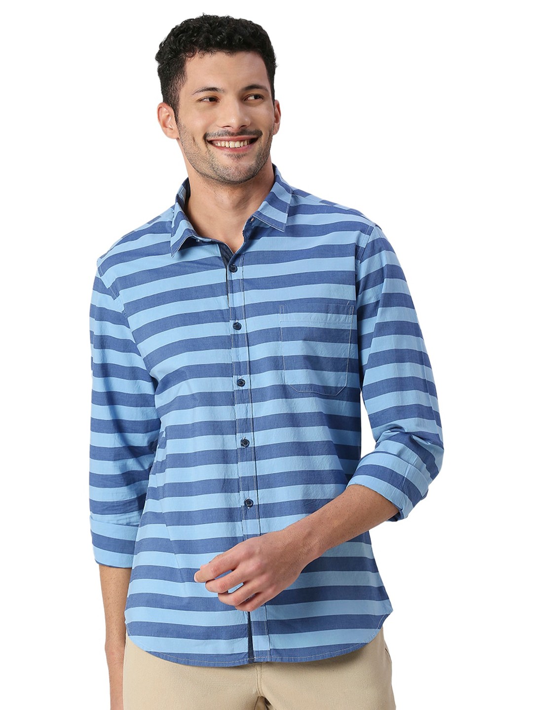 

SNX Horizontal Striped Pure Cotton Shirt, Navy blue