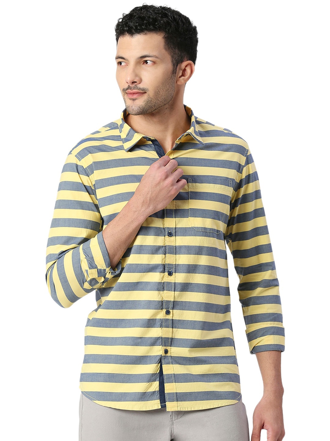 

SNX Horizontal Striped Pure Cotton Shirt, Yellow