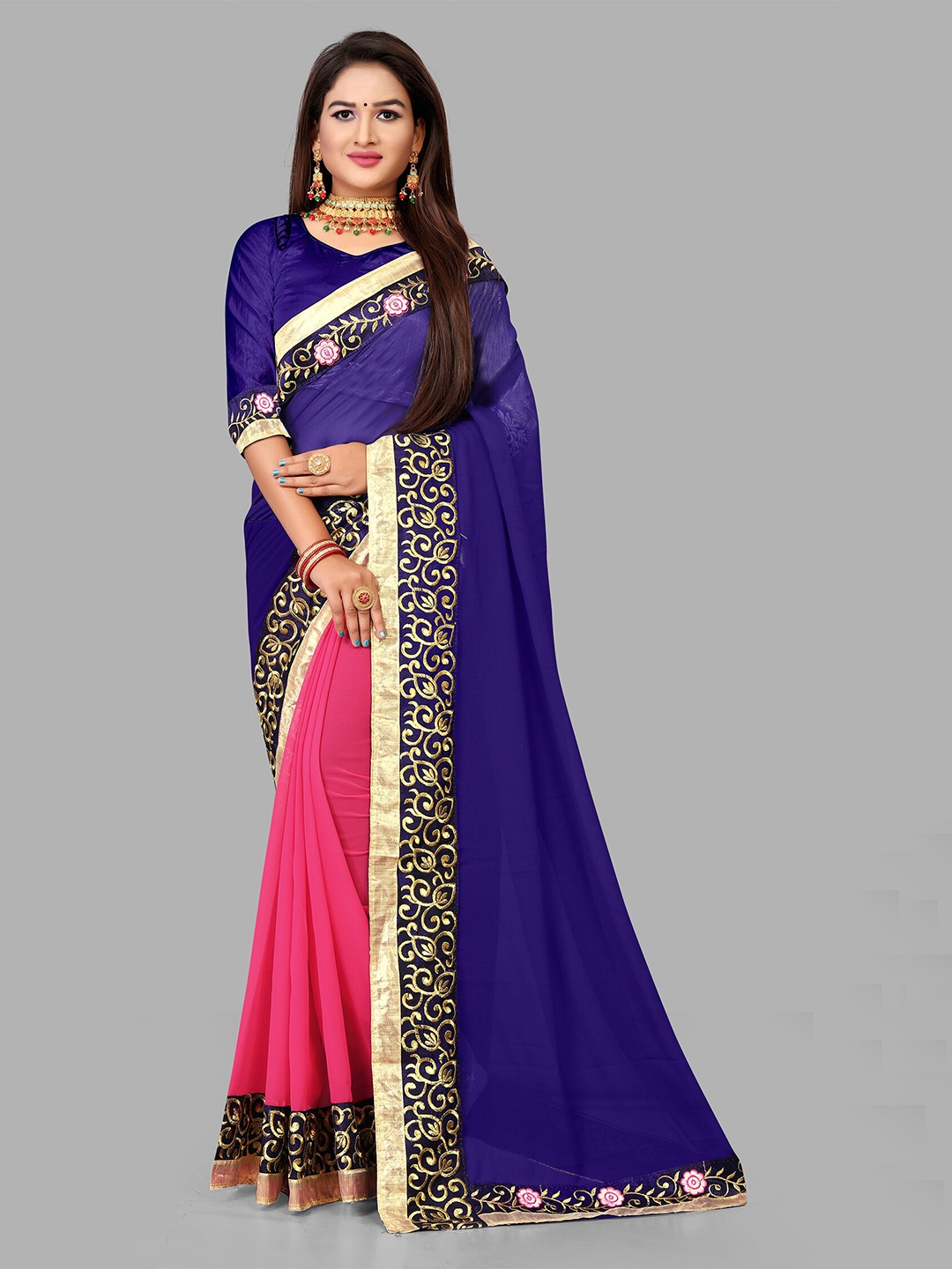 

N N ENTERPRISE Embroidered Border Detail Half & Half Leheriya Saree, Blue