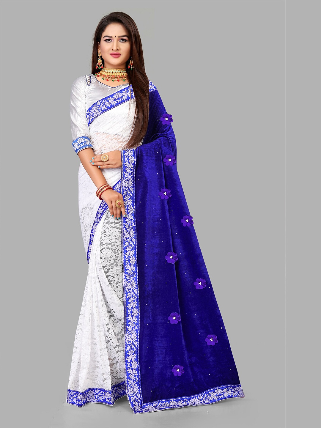 

N N ENTERPRISE Floral Embroidered Leheriya Saree, White
