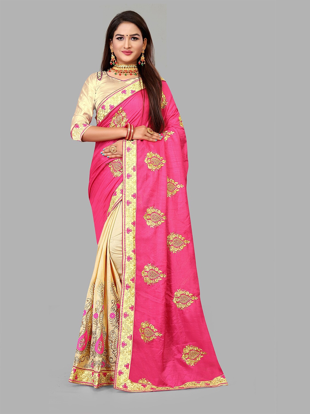 

N N ENTERPRISE Ethnic Motifs Embroidered Half and Half Leheriya Saree, Cream