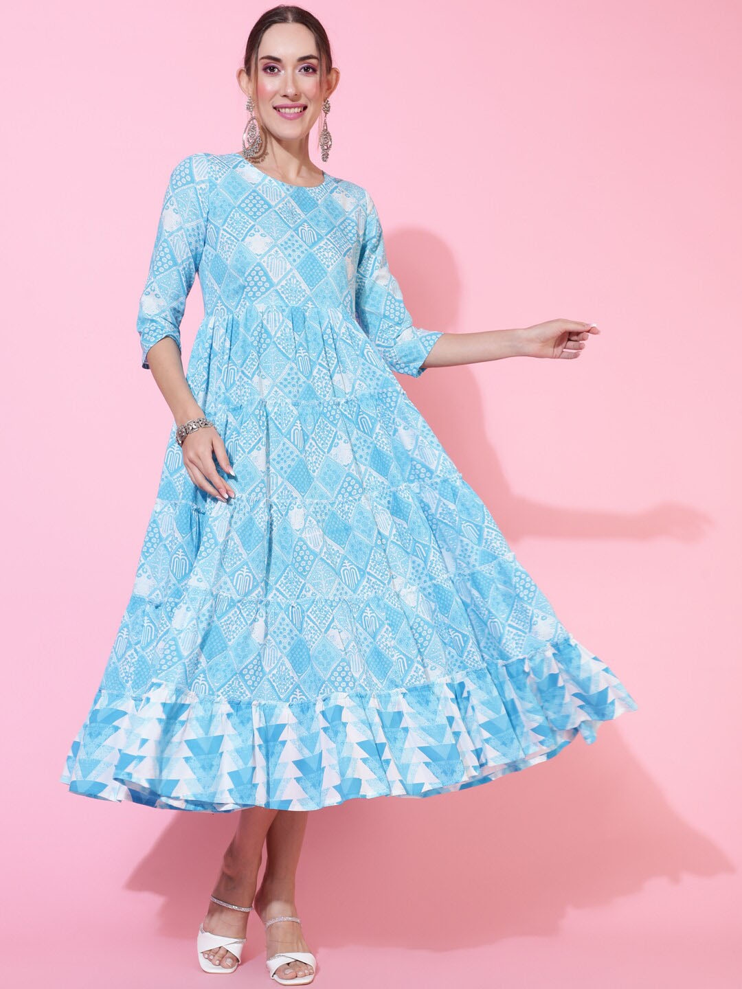 

KIMAYRA Ethnic Motifs Printed Tiered Detail Fit and Flare Midi Ethnic Dress, Blue
