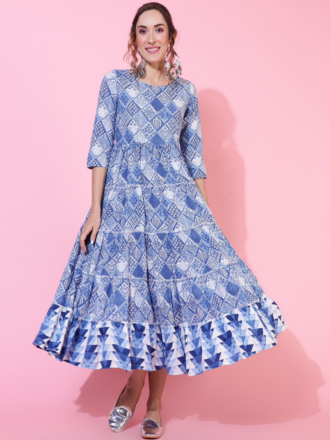 KIMAYRA Floral Printed Tiered Detail Fit and Flare Midi Ethnic Dress, Blue