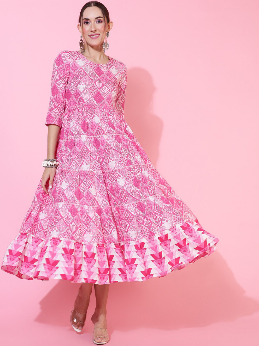 

KIMAYRA Ethnic Motif Printed Fit & Flare Midi Ethnic Dress, Pink