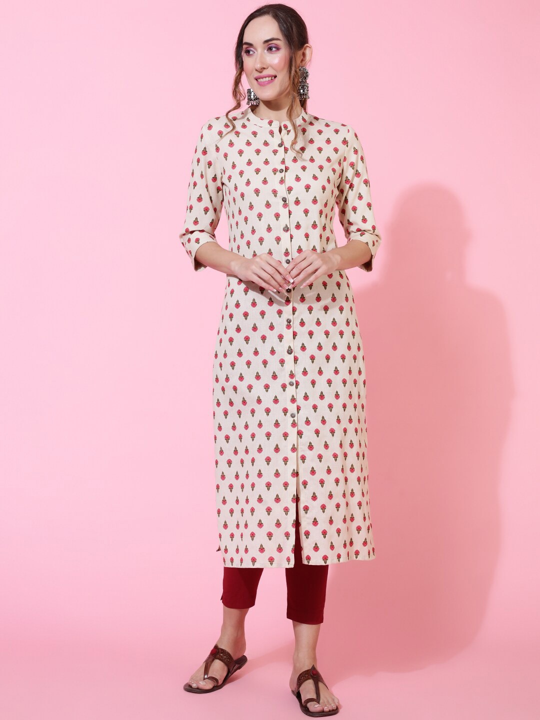 

KIMAYRA Floral Printed Mandarin Collar Cotton A-Line Kurta, Cream