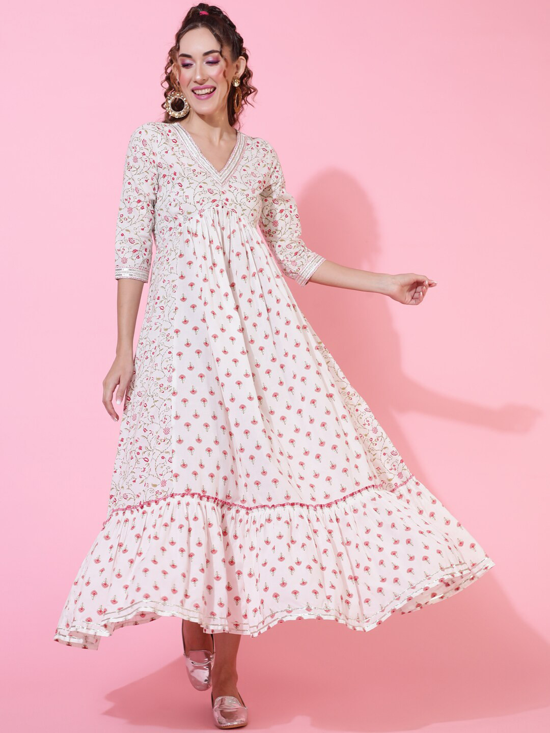 

KIMAYRA Floral Printed Cotton Empire Maxi Ethnic Dress, White