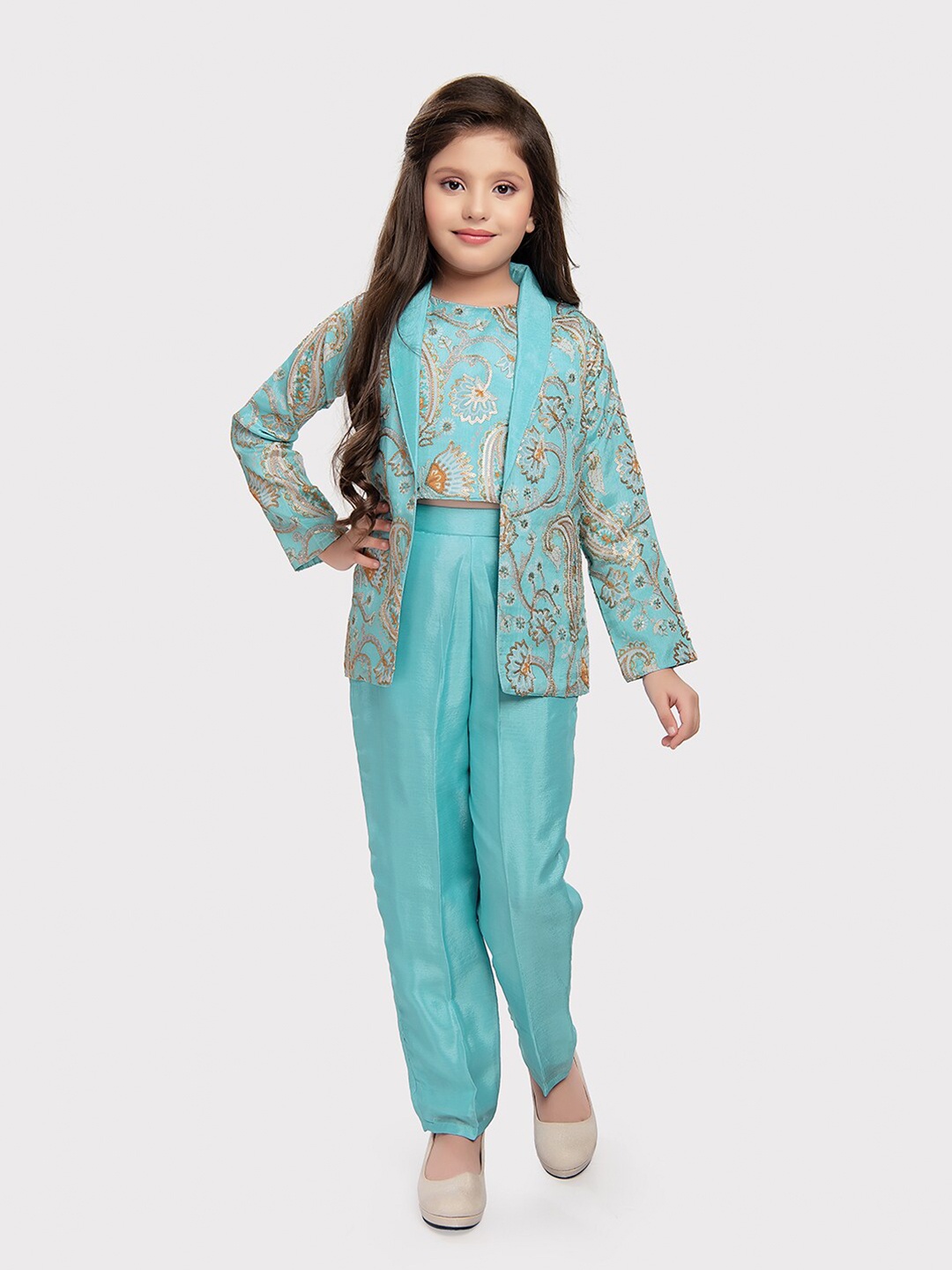 

Tiny Kingdom Girls Embroidered Top With Trousers & Jackets, Blue