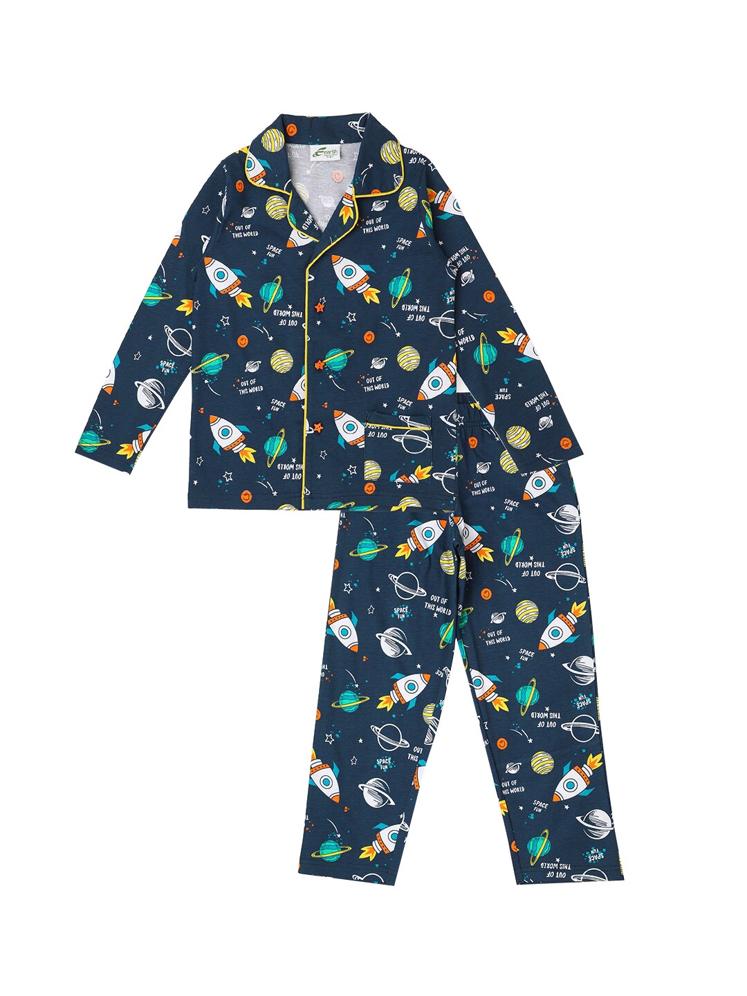 

earth conscious Boys Conversational Printed Lapel Collar Pure Cotton Night Suit, Navy blue