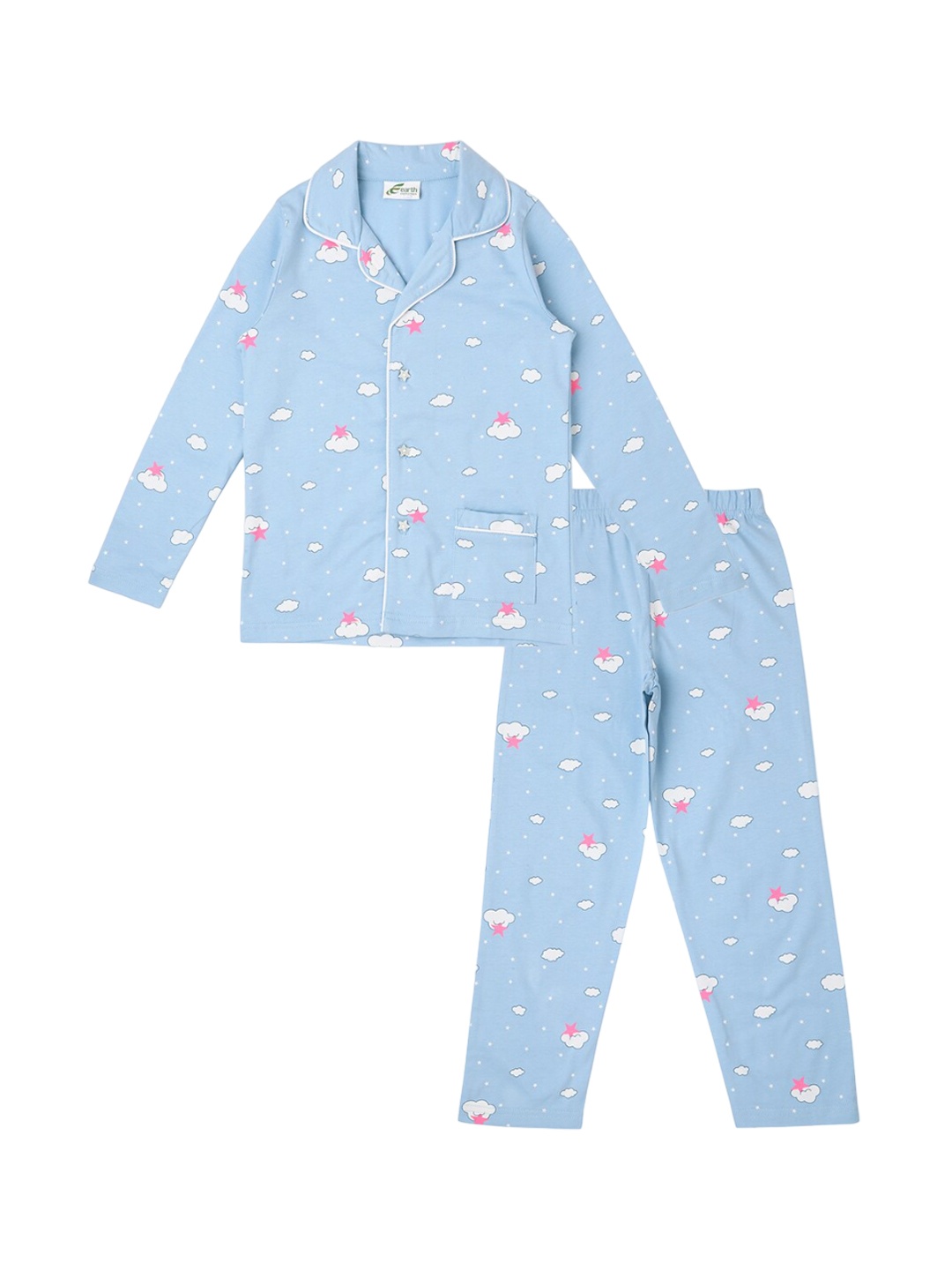 

earth conscious Boys Conversational Printed Lapel Collar Pure Cotton Night Suit, Blue