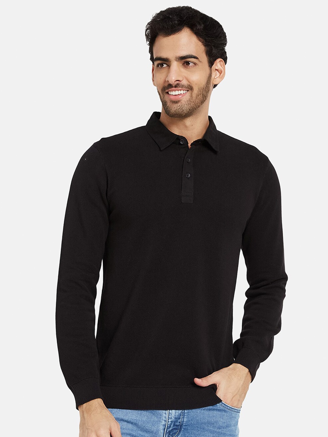 

METTLE Polo Collar Cotton Pullover, Black