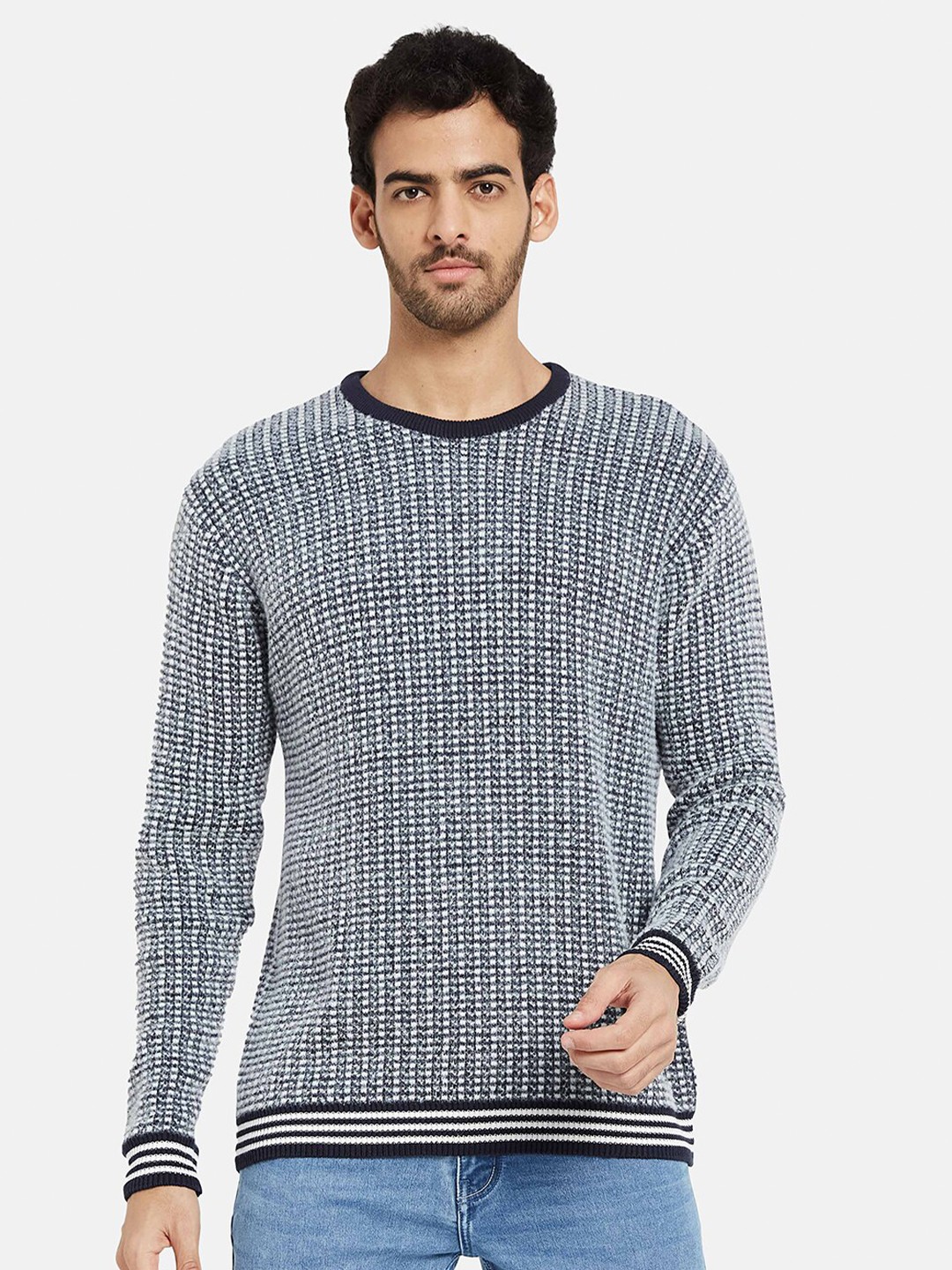 

METTLE Checked Cotton Pullover, Navy blue