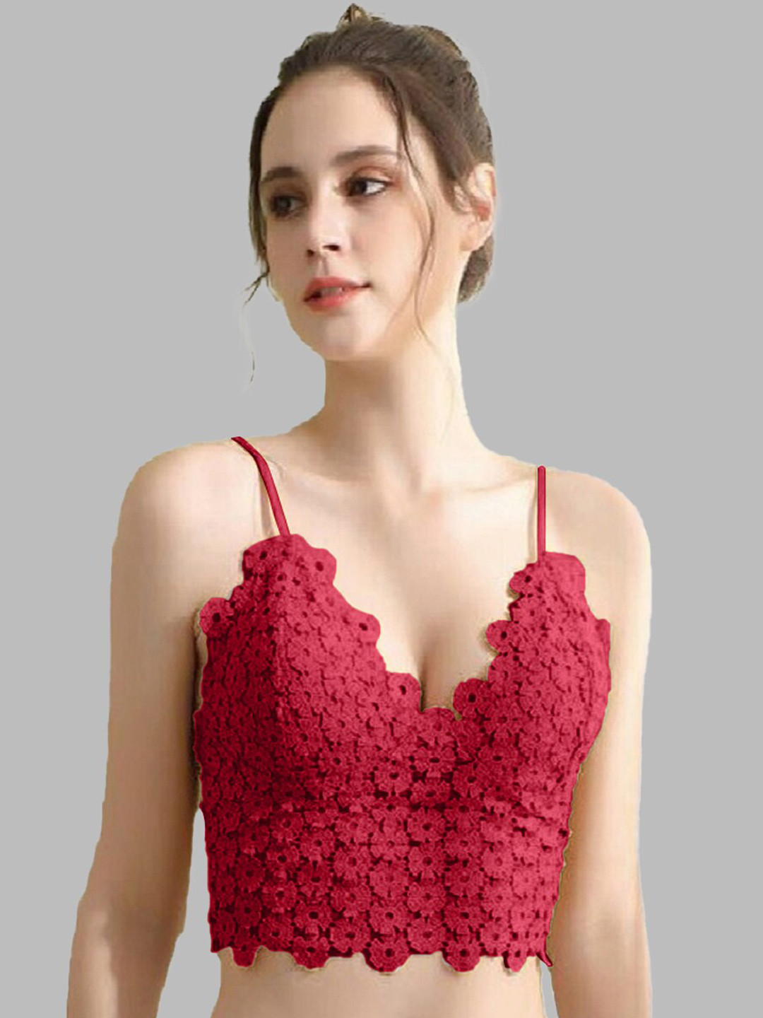 

Krelin Floral Half Coverage Bralette Bra All Day Comfort, Red