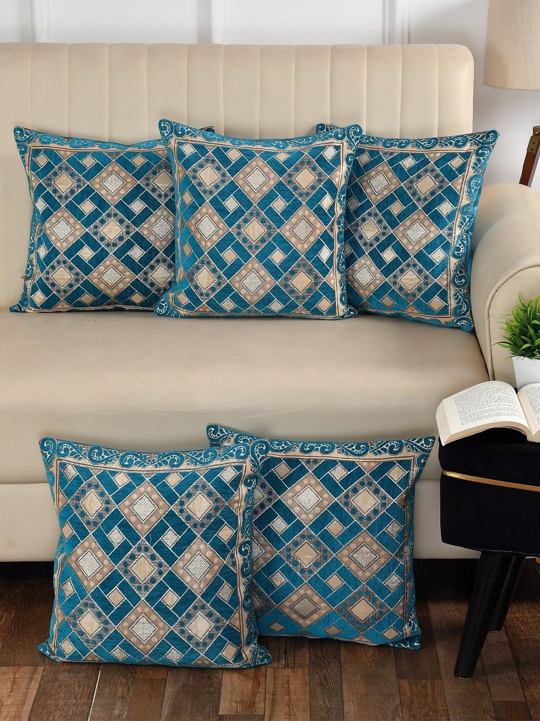 

MULTITEX Blue & Brown 5-Pieces Geometric Cotton Square Cushion Covers