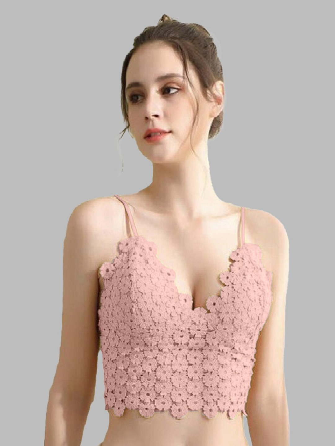 

VAGHBHATT Floral Half Coverage Bralette Bra All Day Comfort, Pink