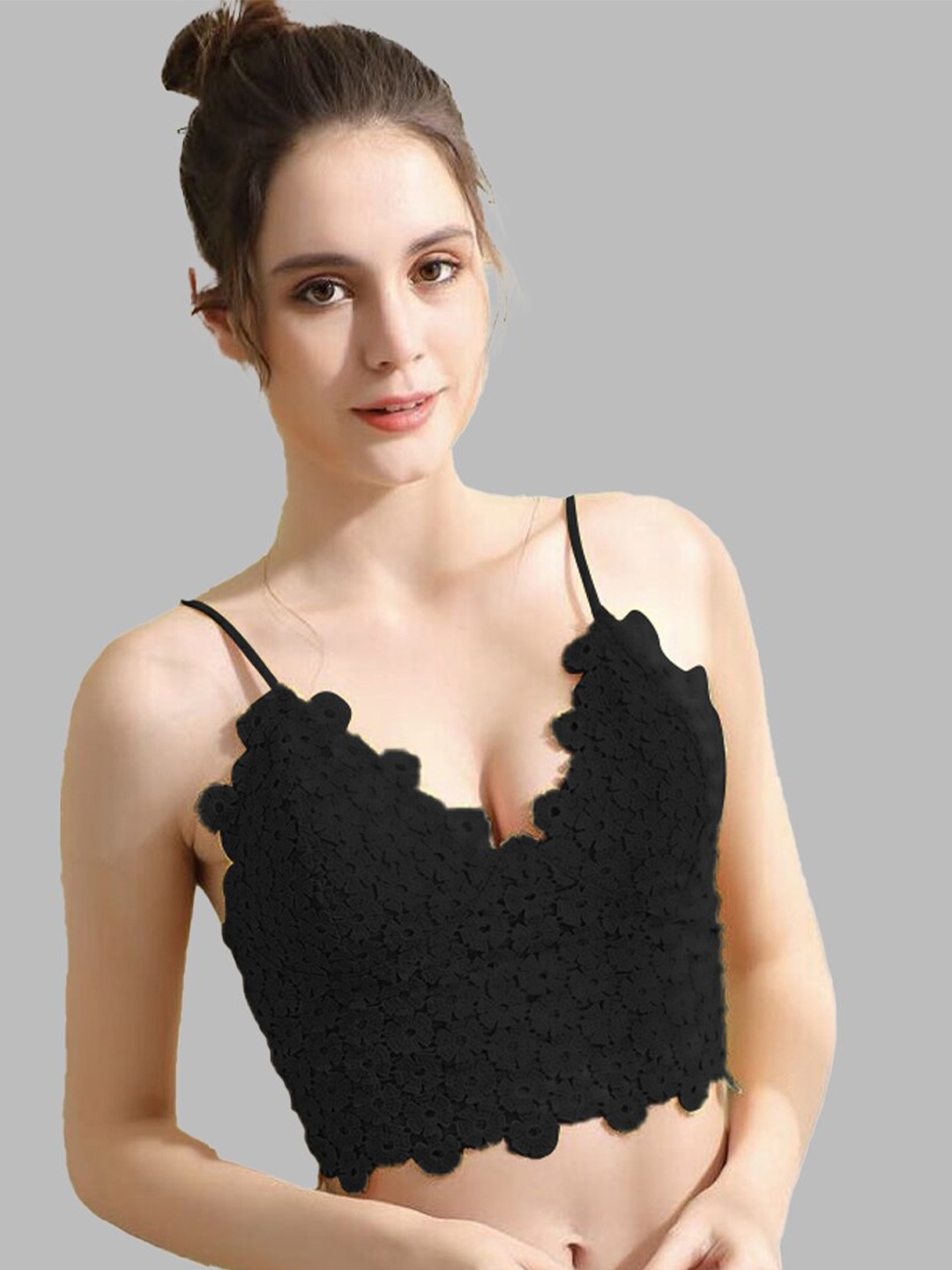 

VAGHBHATT Floral Half Coverage Bralette Bra All Day Comfort, Black