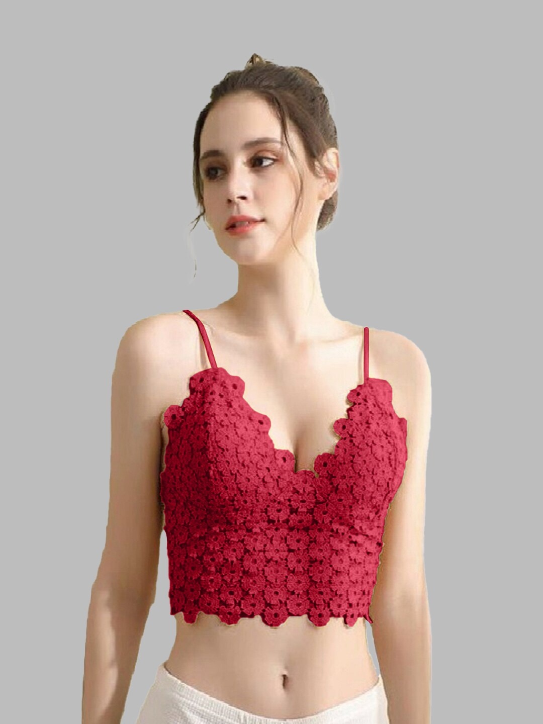 

VAGHBHATT Floral Half Coverage Bralette Bra All Day Comfort, Red
