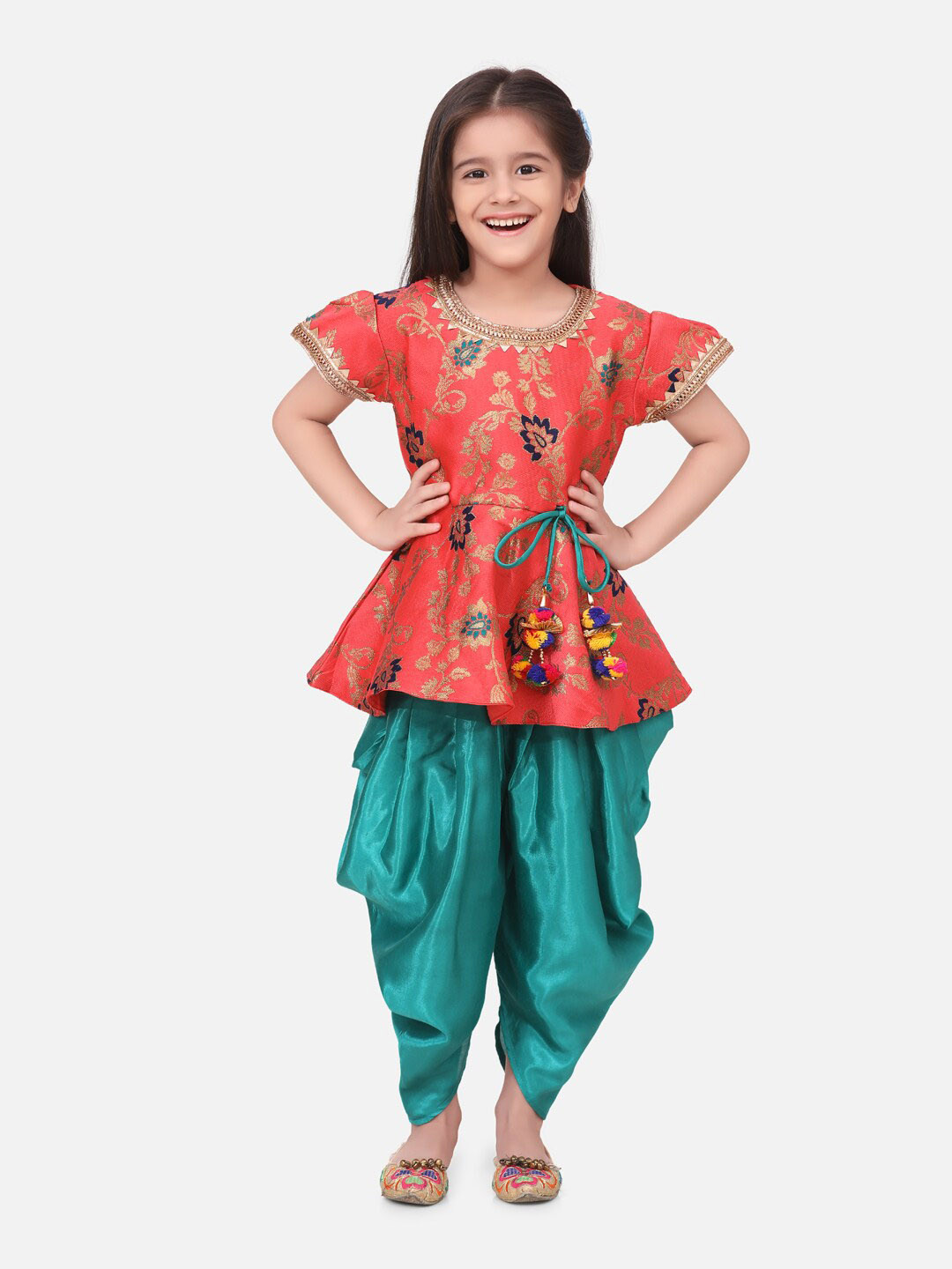 

BownBee Girls Woven Design Pure Cotton Top With Dhoti Pants, Pink