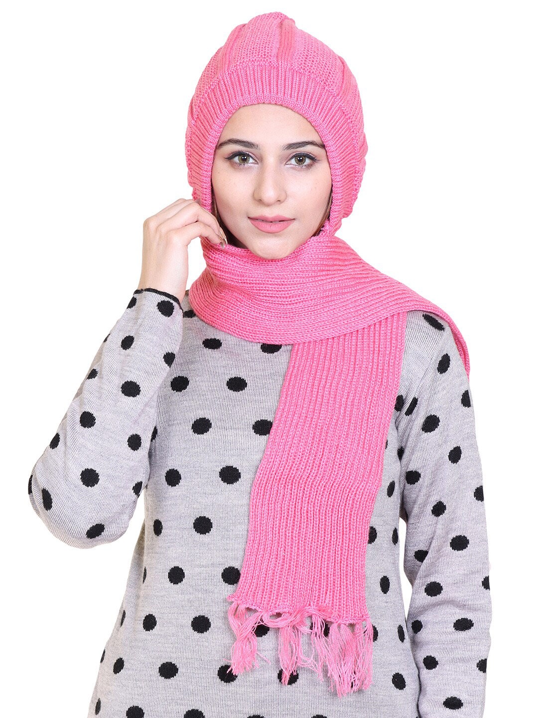 

Gajraj Unisex Self Design Beanie With Attached Muffler & Hand Gloves, Pink