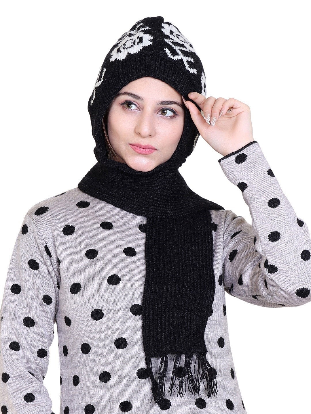 

Gajraj Unisex Printed Woollen Beanie, Black