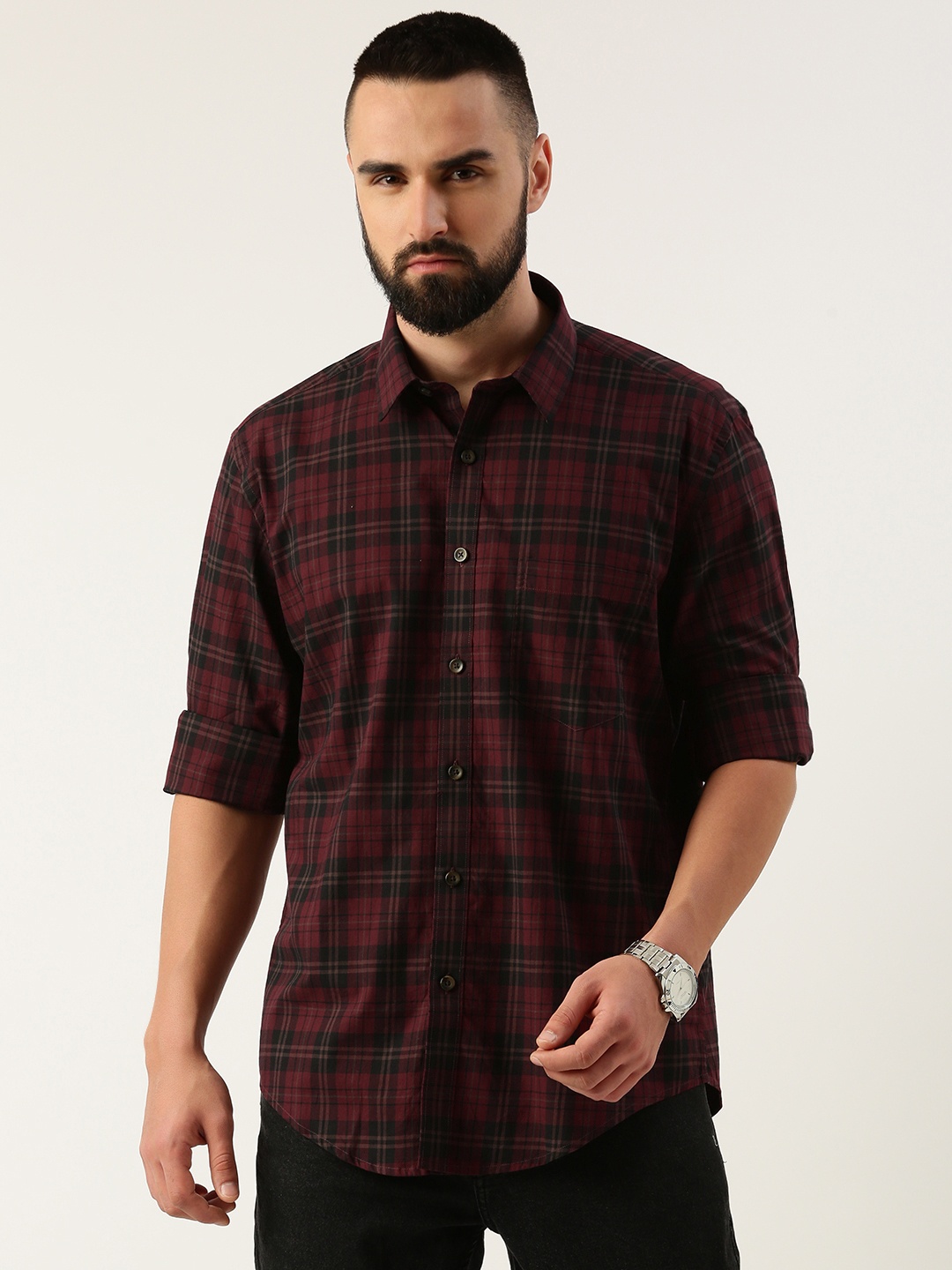 

Burnt Umber Men Opaque Checked Casual Shirt, Burgundy