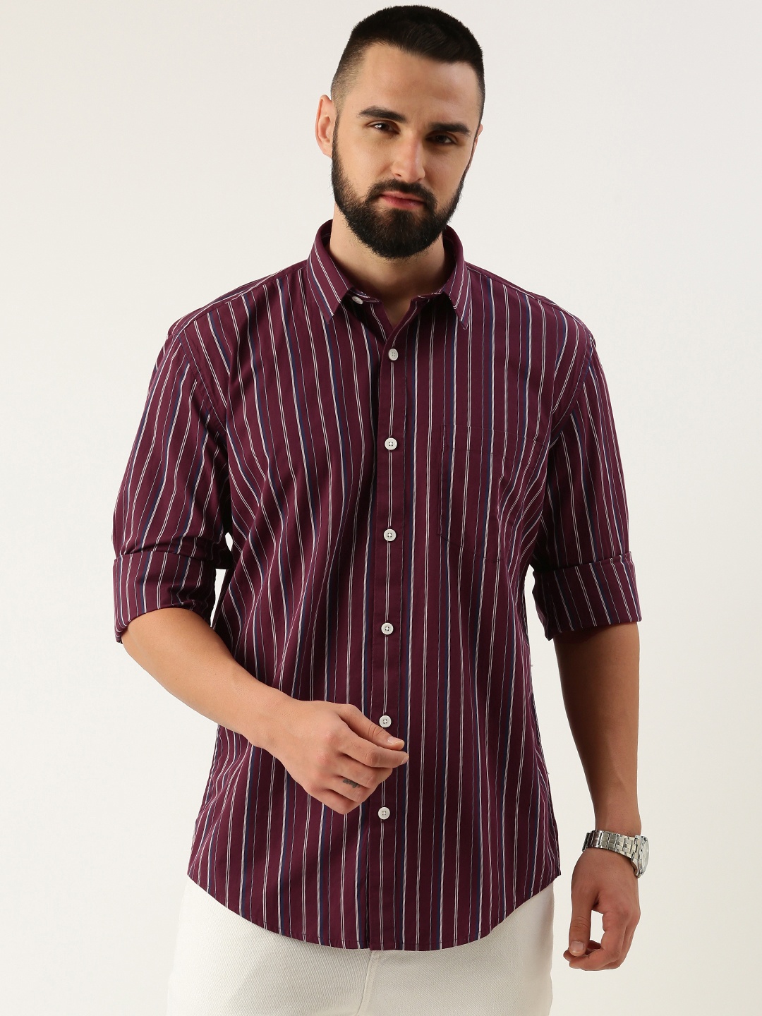 

Burnt Umber Men Opaque Striped Casual Shirt, Burgundy