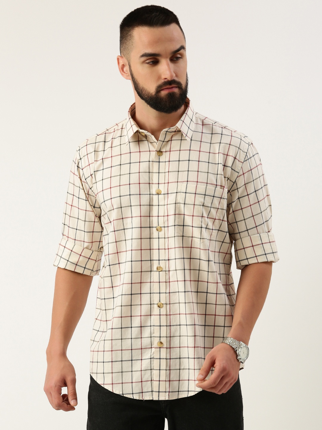 

Burnt Umber Men Opaque Checked Casual Shirt, Beige