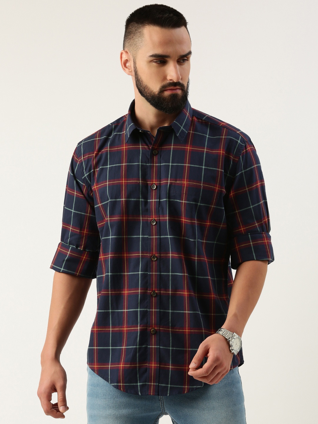 

Burnt Umber Men Opaque Checked Casual Shirt, Blue