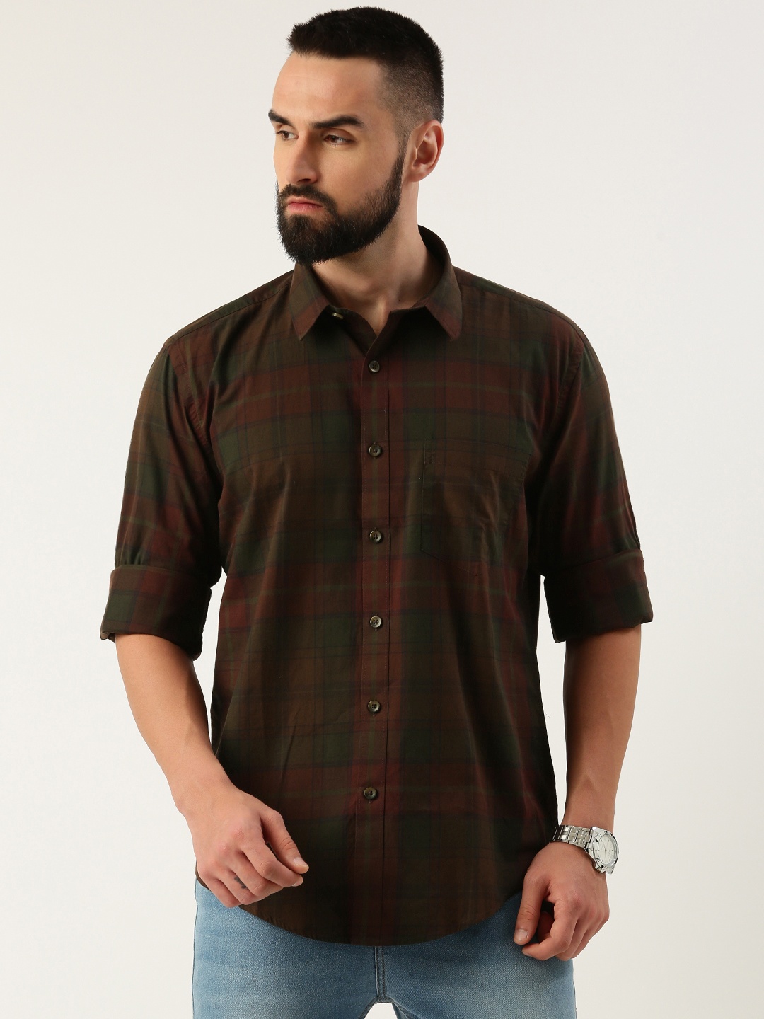 

Burnt Umber Men Opaque Checked Casual Shirt, Burgundy