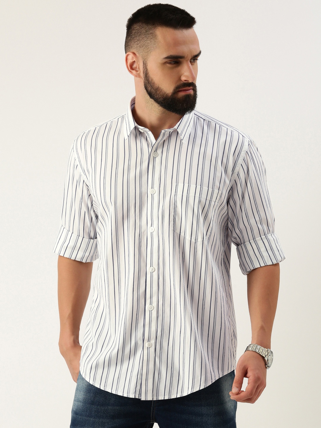 

Burnt Umber Men Opaque Striped Casual Shirt, White