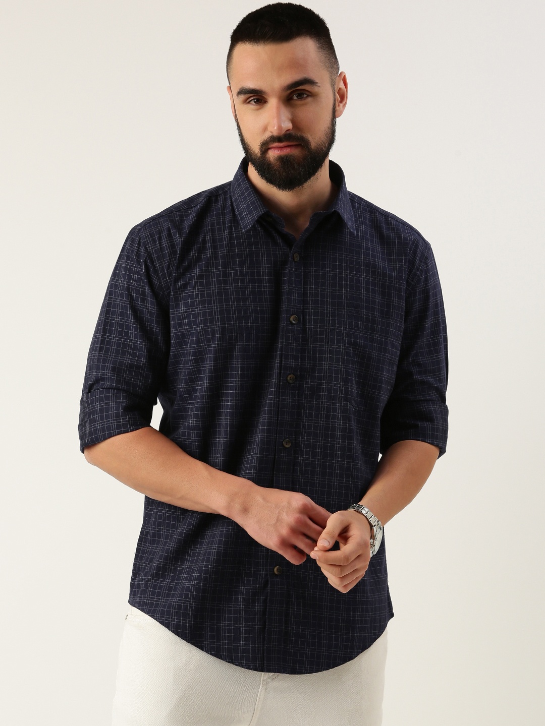 

Burnt Umber Men Opaque Checked Casual Shirt, Blue