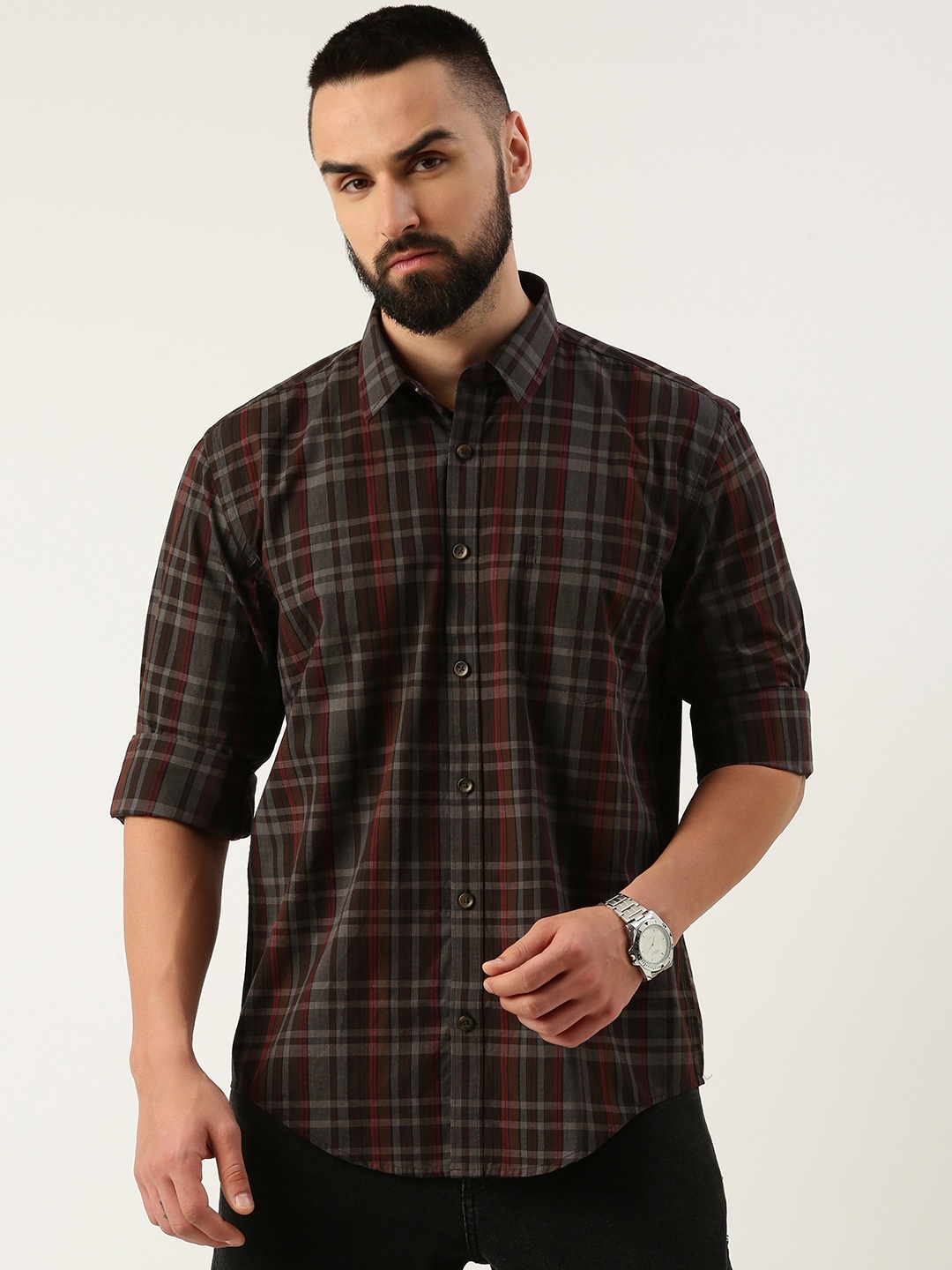 

Burnt Umber Men Opaque Checked Casual Shirt, Grey