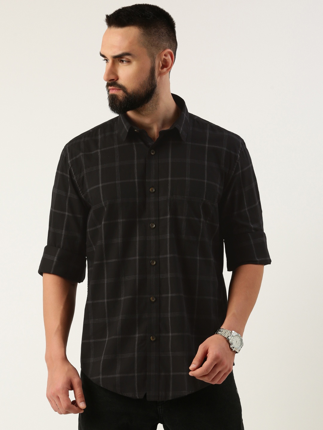 

Burnt Umber Men Opaque Checked Casual Shirt, Black