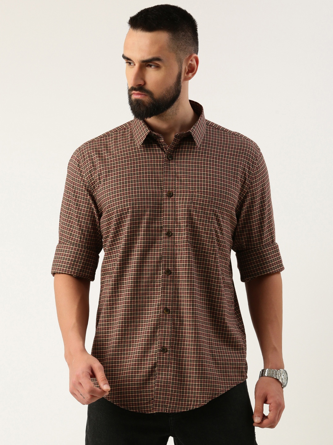 

Burnt Umber Men Opaque Checked Casual Shirt, Brown