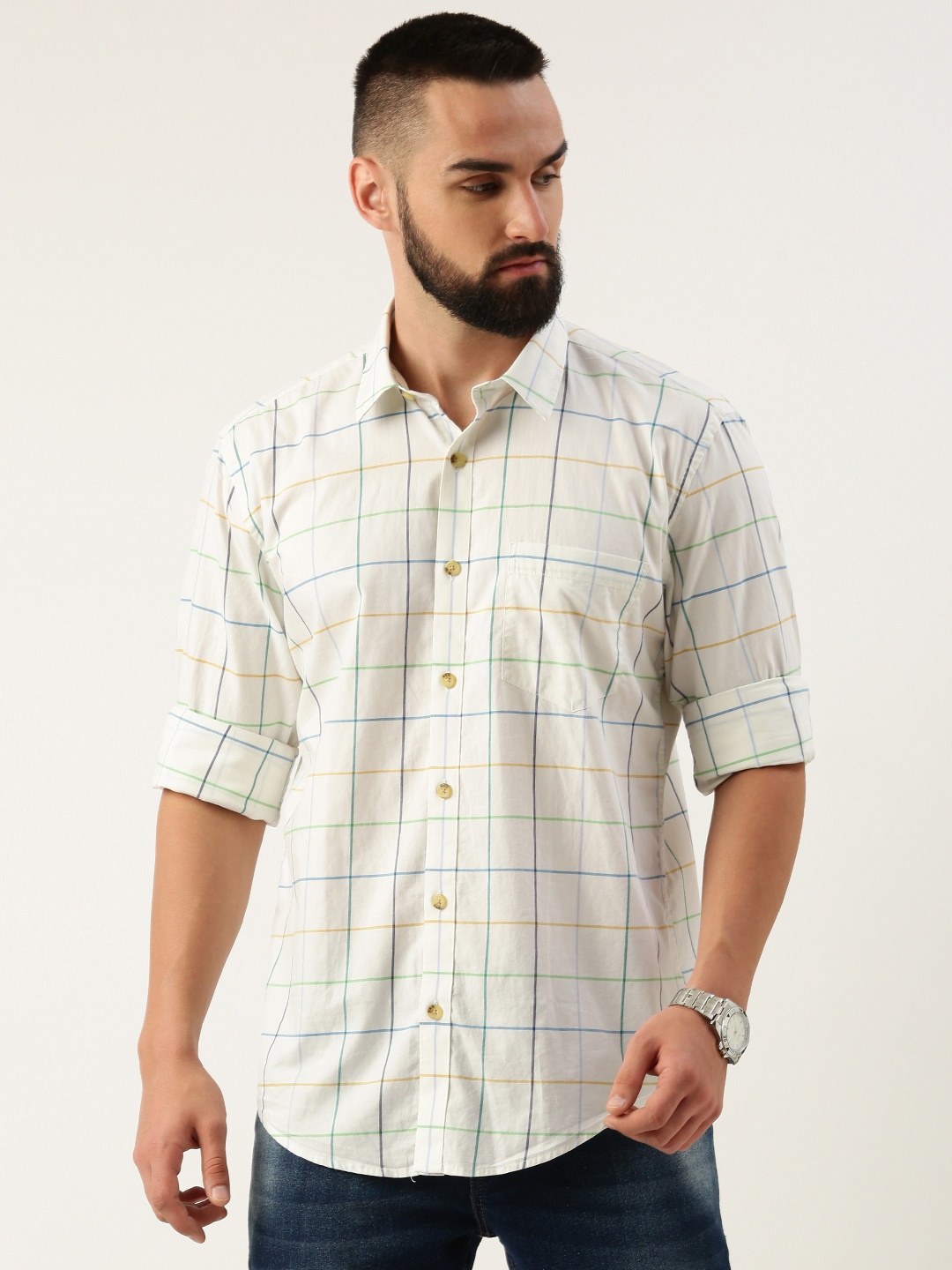 

Burnt Umber Men Windowpane Checks Opaque Casual Shirt, White