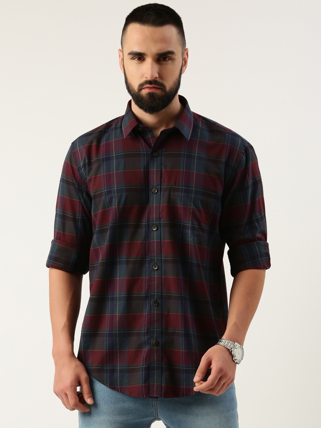 

Burnt Umber Men Opaque Checked Casual Shirt, Burgundy